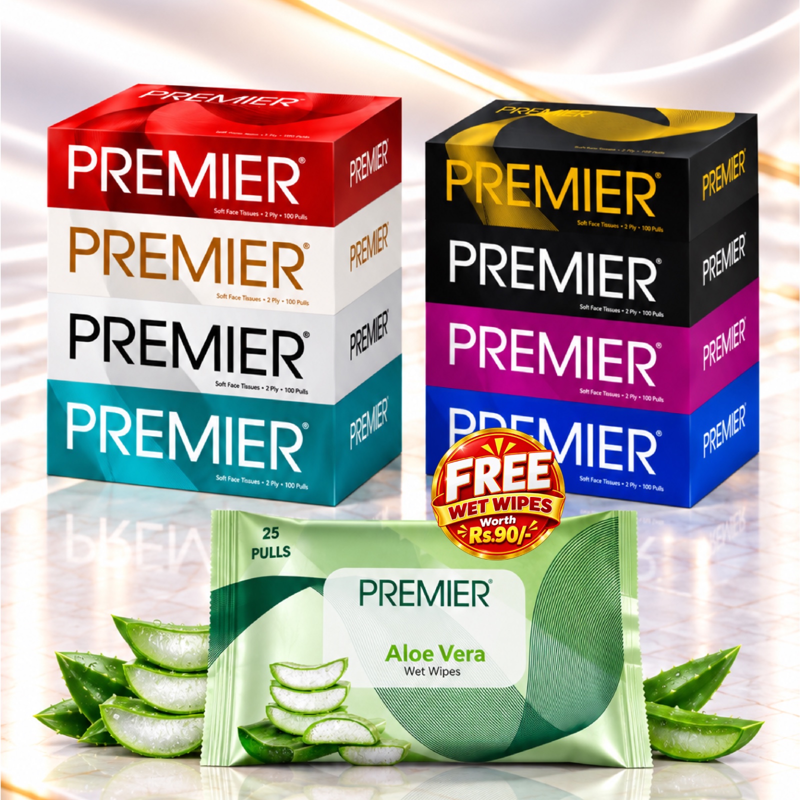 Premier Face Tissue Box 100 Pulls 4x1-Pack of 2 with Free Wet Wipes Assorted