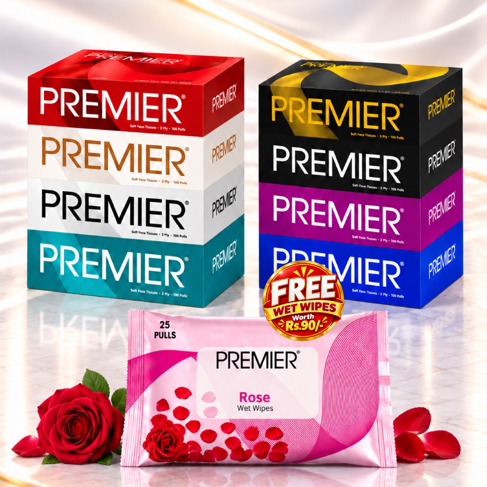 Premier Face Tissue Box 100 Pulls 4x1-Pack of 2 with Free Wet Wipes Assorted