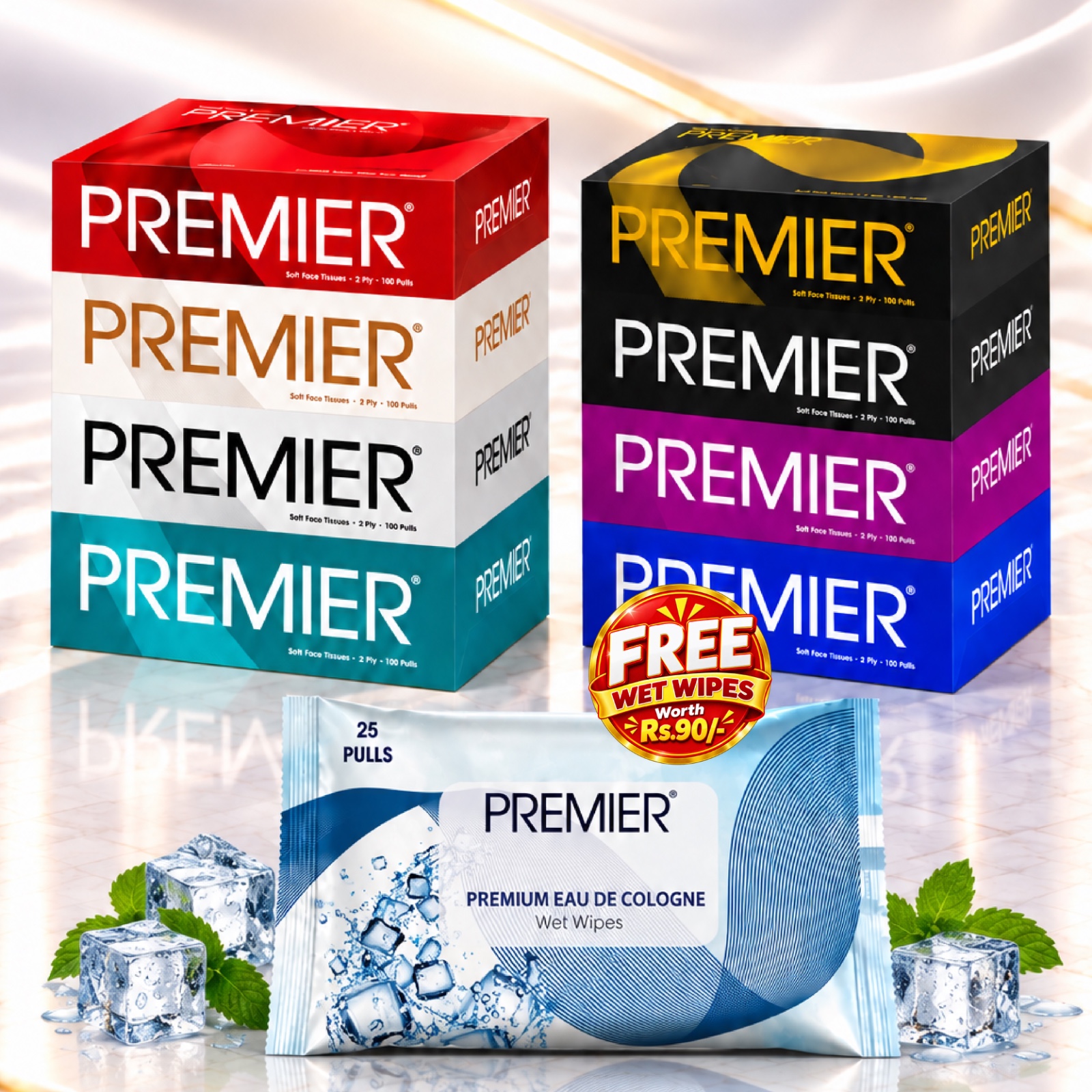 Premier Face Tissue Box 100 Pulls 4x1-Pack of 2 with Free Wet Wipes Assorted
