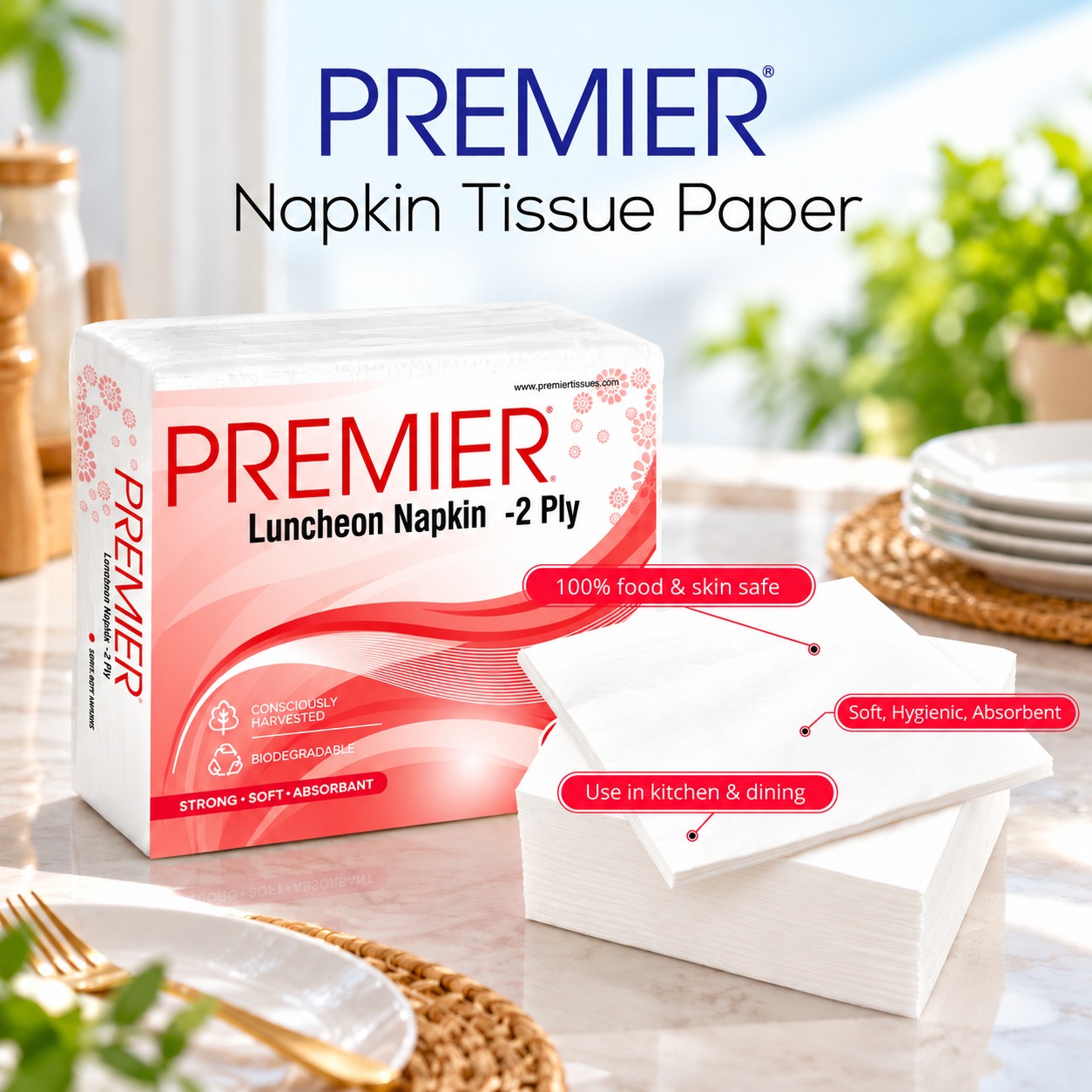 Premier Luncheon Napkins 2Ply 50 Pulls -Pack of 10