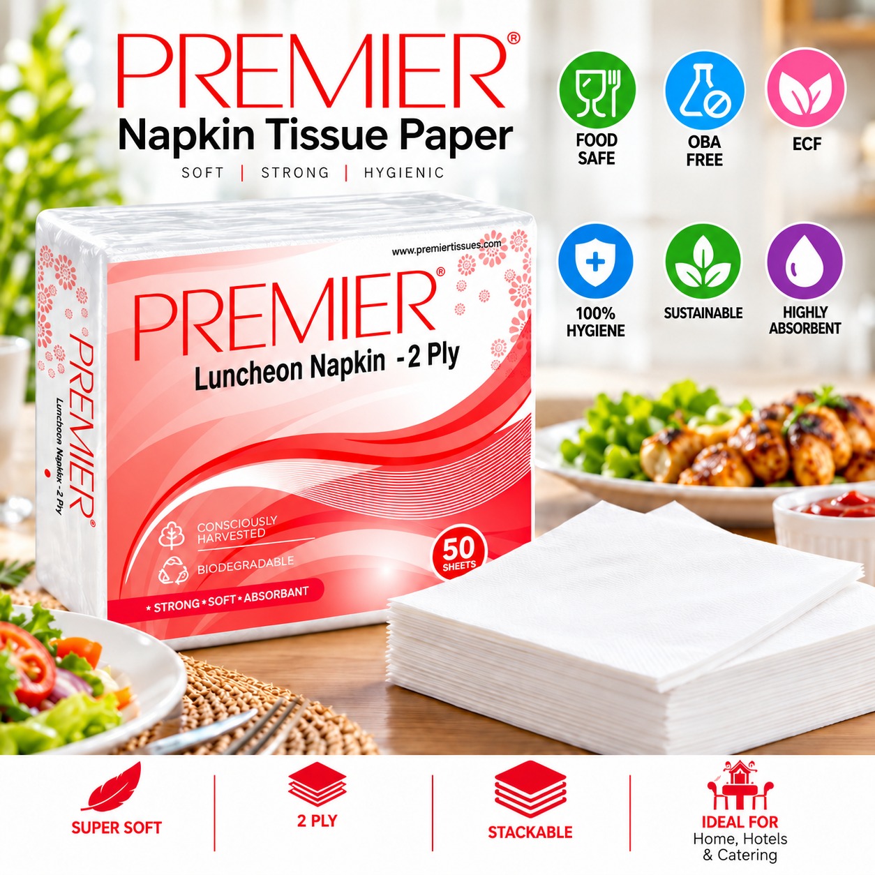 Premier Luncheon Napkins 2Ply 50 Pulls -Pack of 10